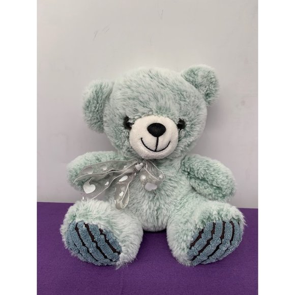 MTY International Other - MTY International Plush Bear 8 Inch Teal Gray Corduroy Heart Silver Bow Plastic